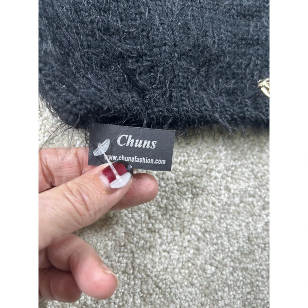 Chuns Hat Beanie Womens Black Fuzzy Knit‎ Soft Winter Cozy Warm Logo New